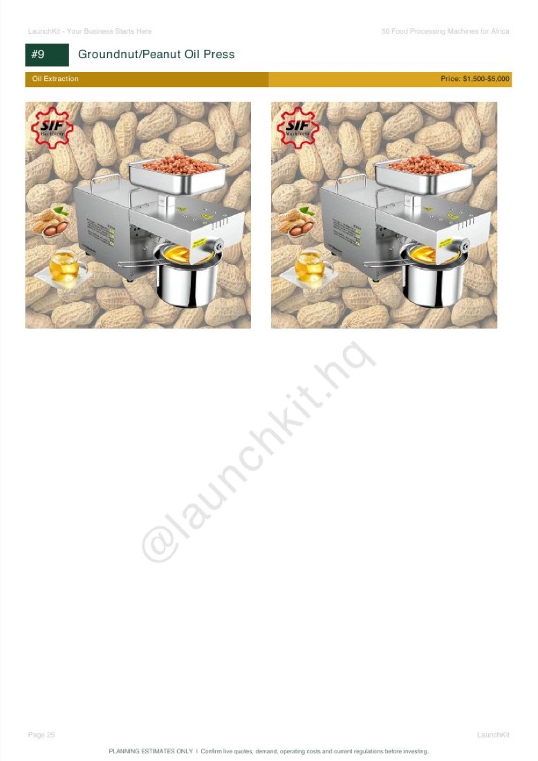 LaunchKit page showing a groundnut oil press